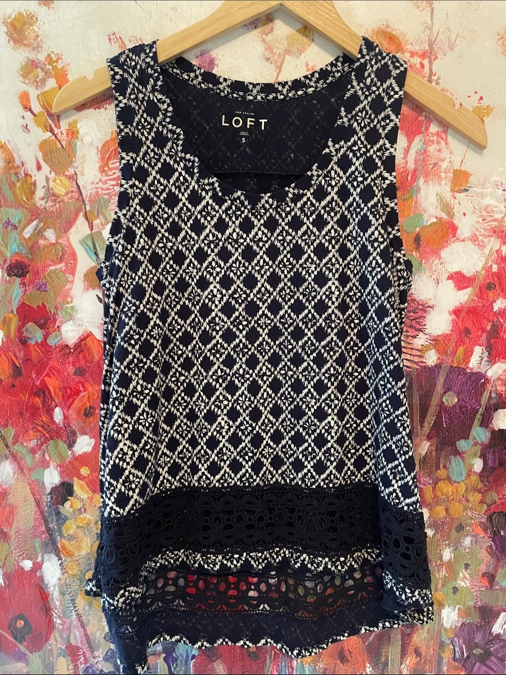 LOFT Navy and White Sleeveless Tank with Lace Hem